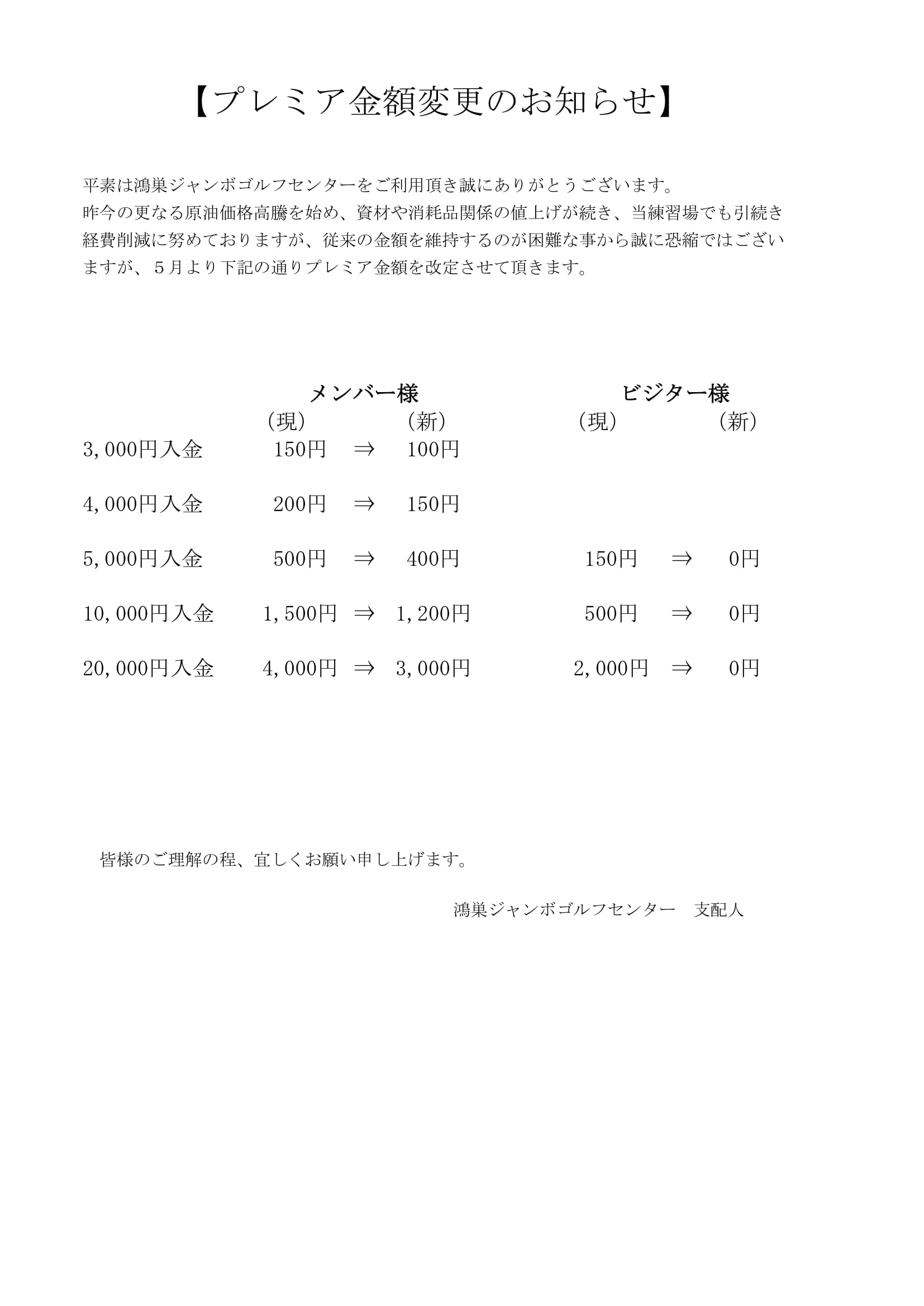 プレミア金額変更のお知らせ